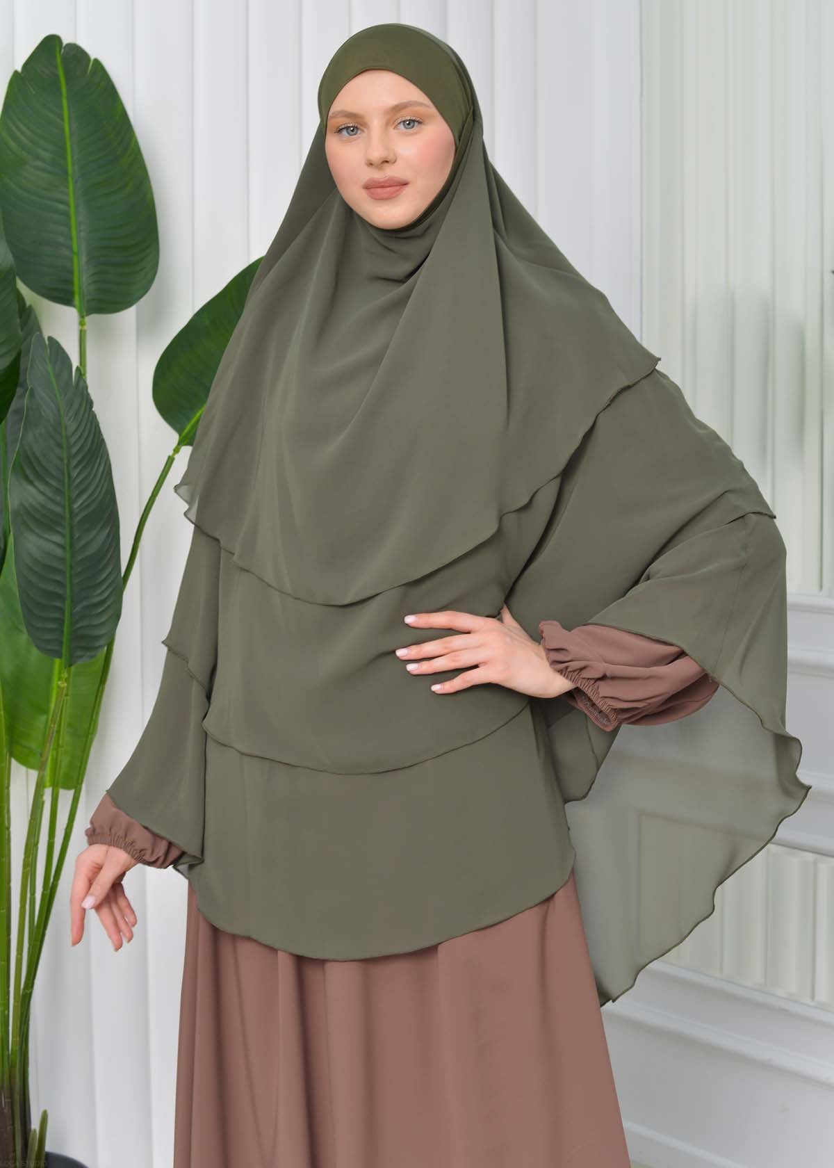 Chiffon Hijab Ready Made Veiled Practical Scarf 3 Layer - Cover Souffle 827 - Dunkelkhaki