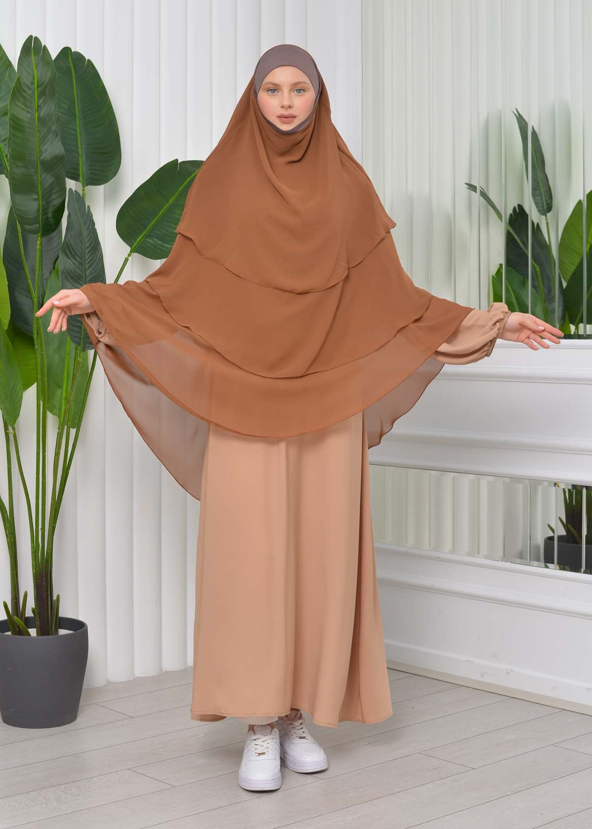 Chiffon Hijab Ready Made Veiled Practical Scarf 3 Layer - Cover Souffle 827 - Cognac