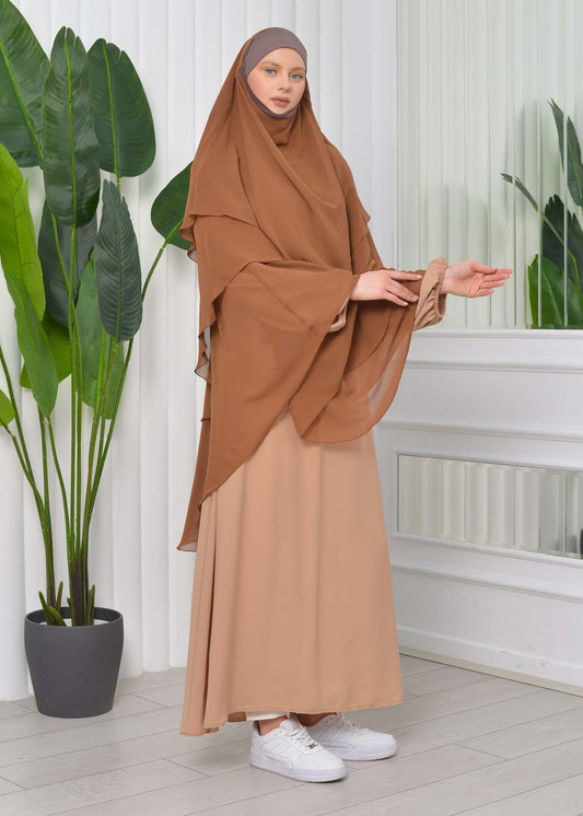 Chiffon Hijab Ready Made Veiled Practical Scarf 3 Layer - Cover Souffle 827 - Cognac