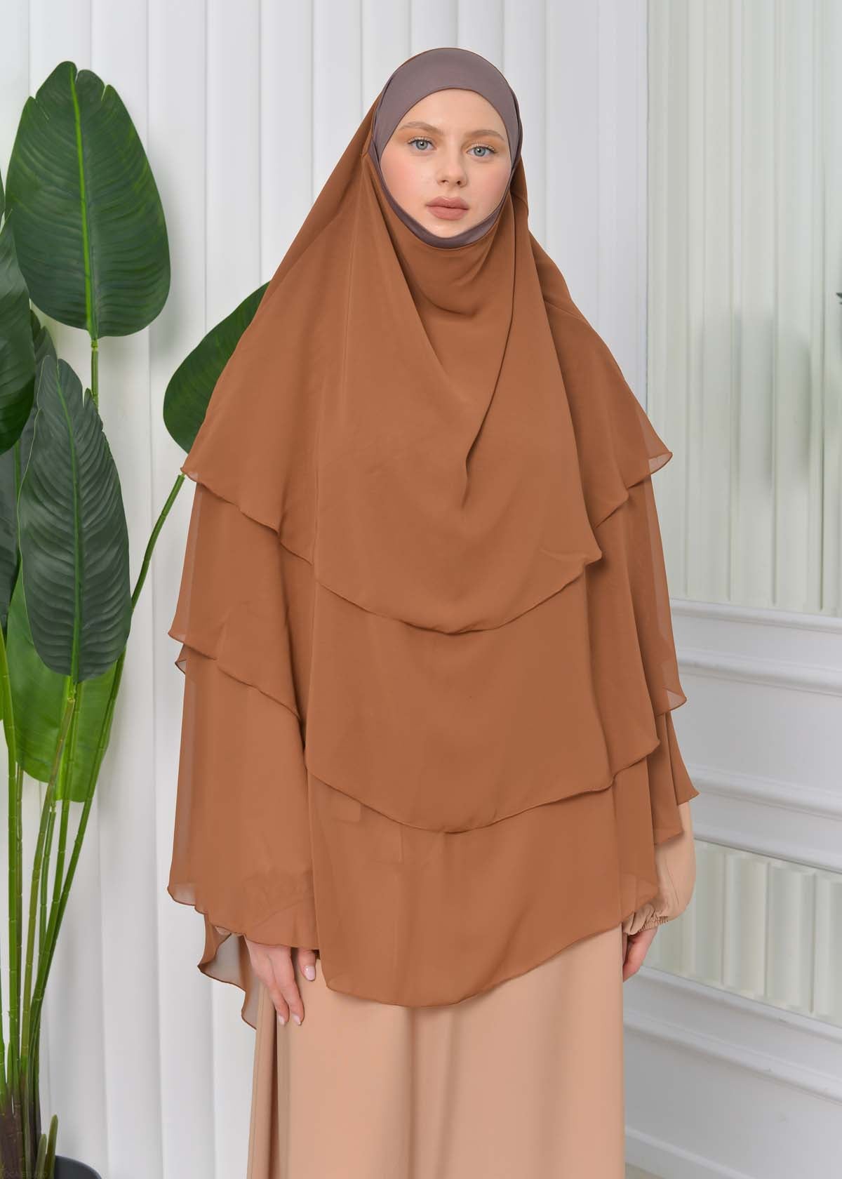 Chiffon Hijab Ready Made Veiled Practical Scarf 3 Layer - Cover Souffle 827 - Cognac