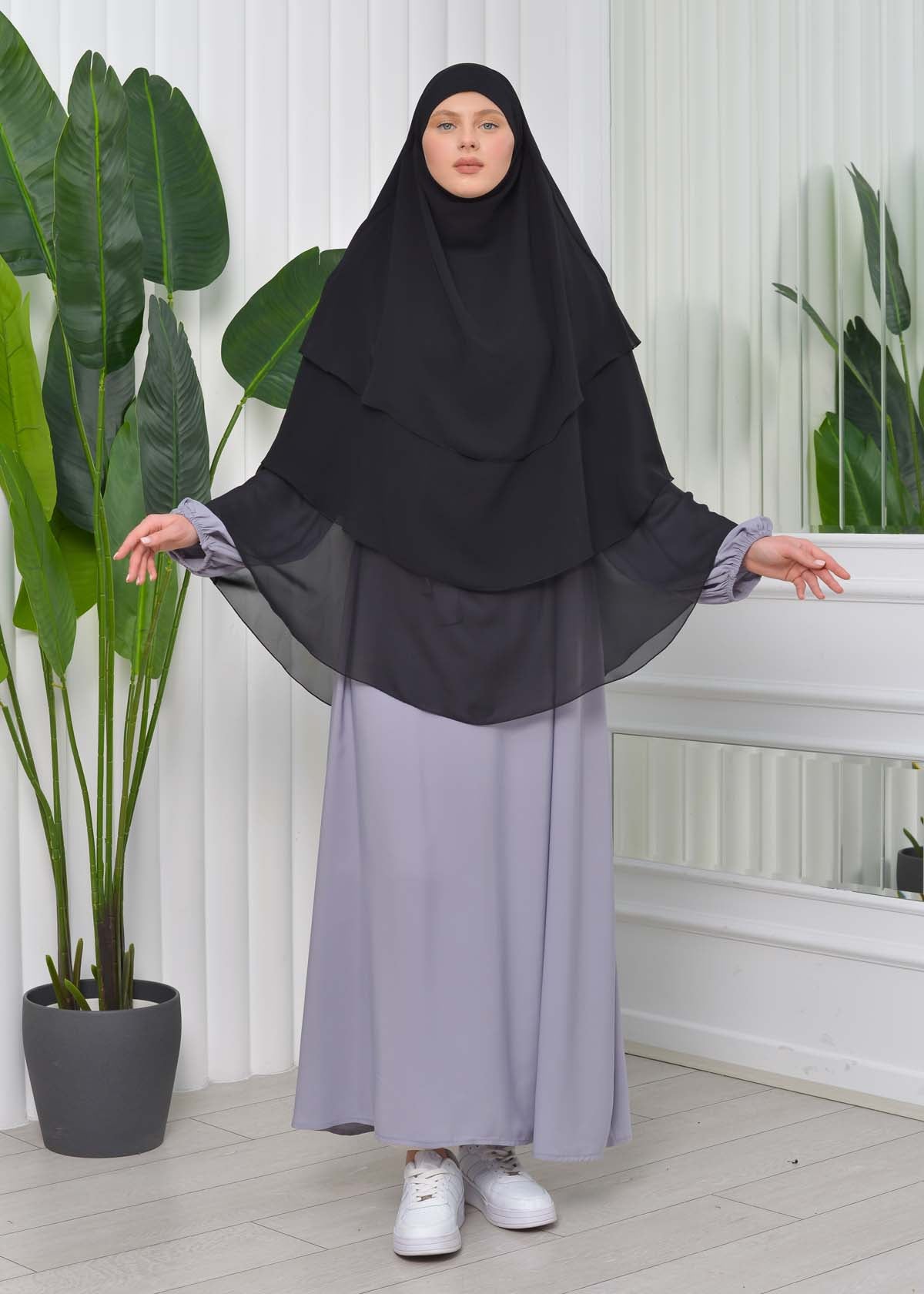Chiffon Hijab Ready Made Veiled Practical Scarf 3 Layer - Cover Souffle 827 - Schwarz