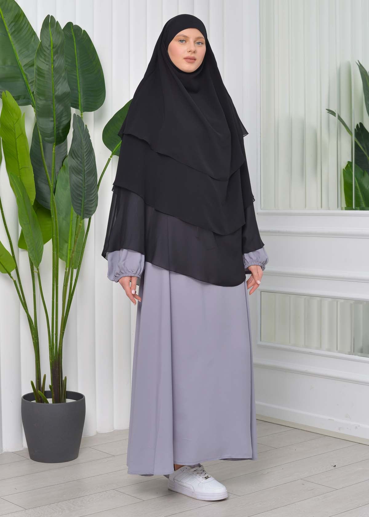 Chiffon Hijab Ready Made Veiled Practical Scarf 3 Layer - Cover Souffle 827 - Schwarz