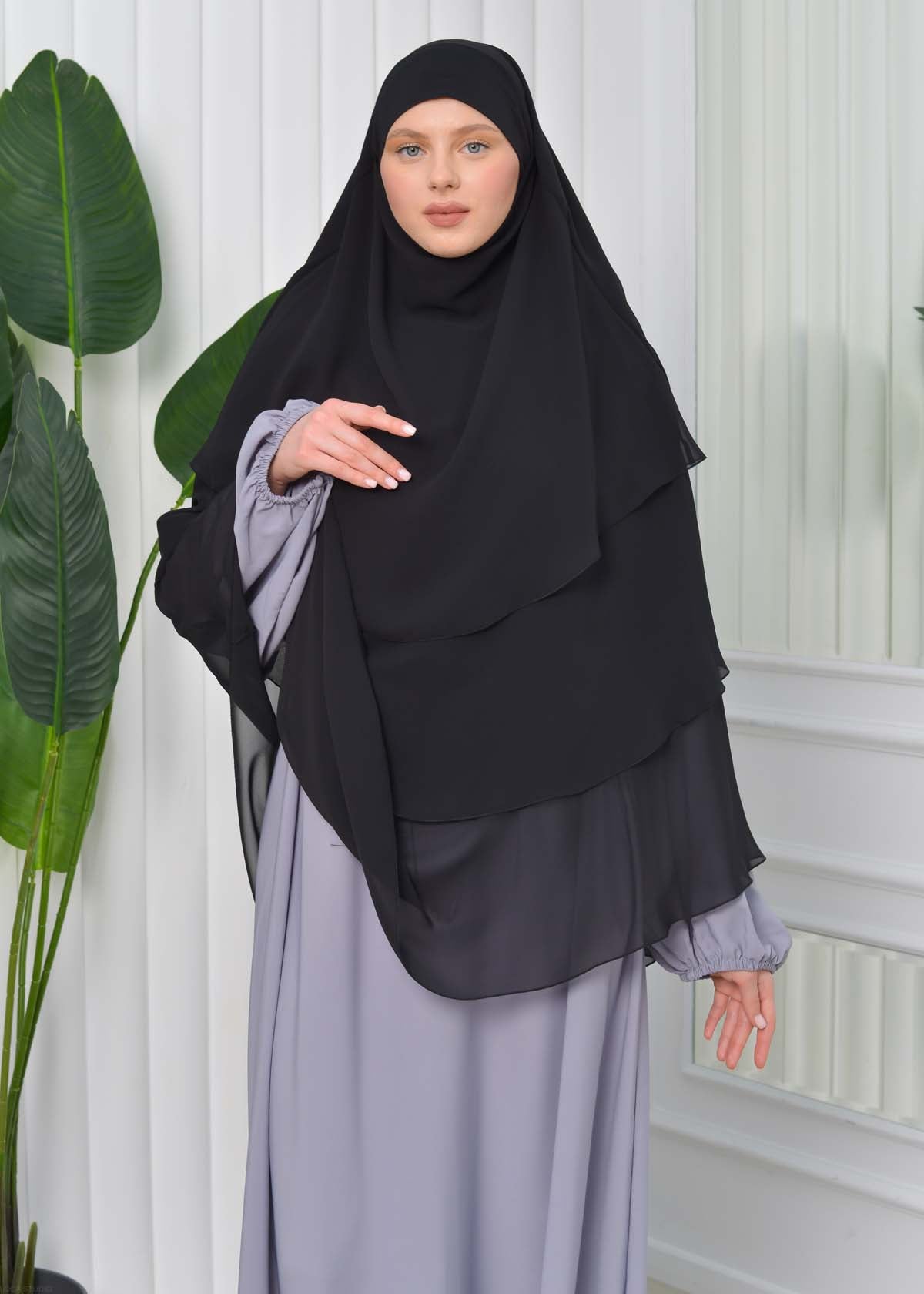 Chiffon Hijab Ready Made Veiled Practical Scarf 3 Layer - Cover Souffle 827 - Schwarz