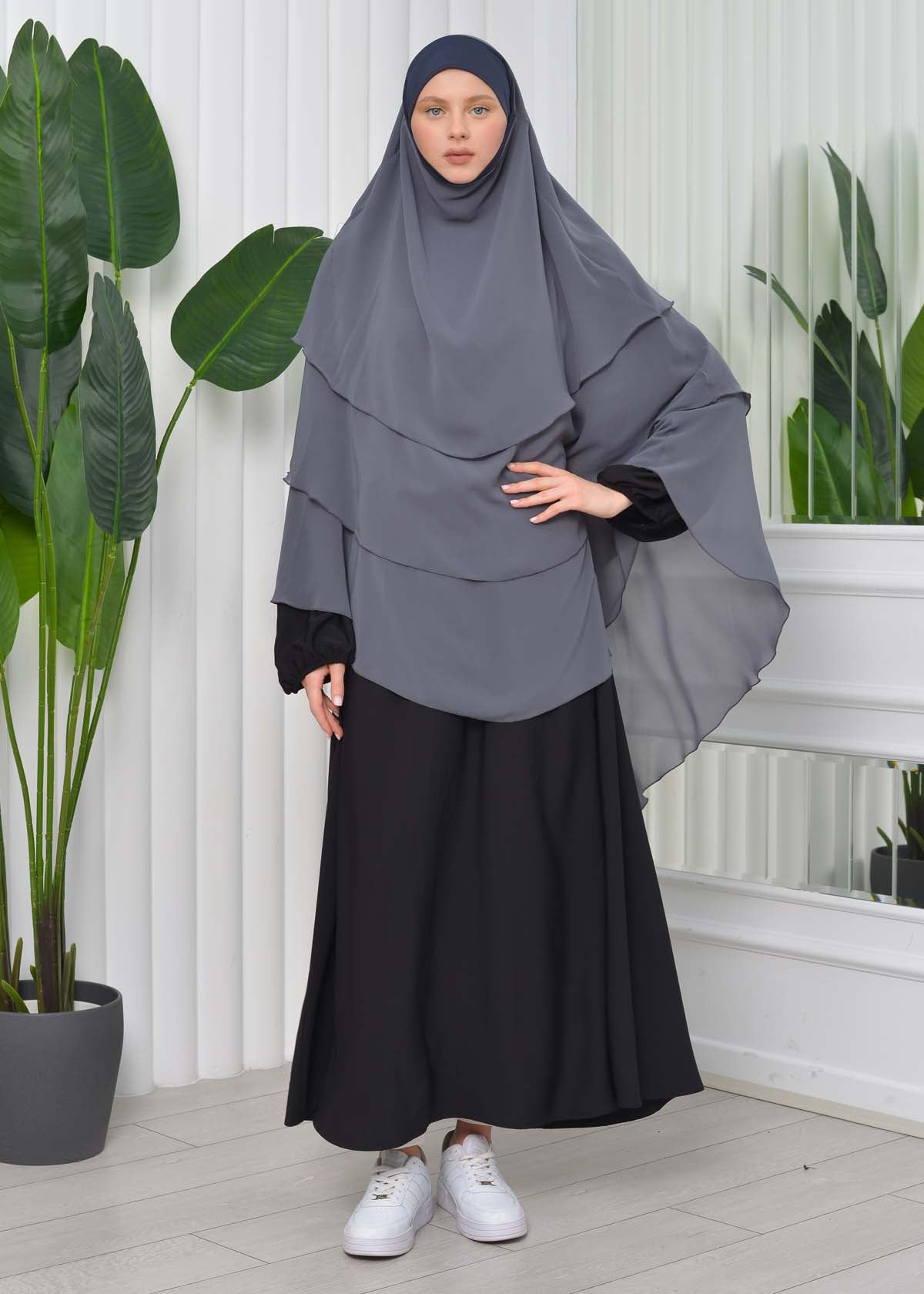 Chiffon Hijab Ready Made Veiled Practical Scarf 3 Layer - Cover Souffle 827 - Dunkelgrau