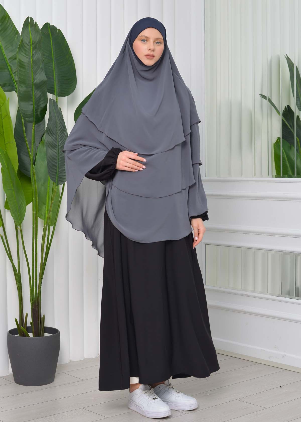 Chiffon Hijab Ready Made Veiled Practical Scarf 3 Layer - Cover Souffle 827 - Dunkelgrau