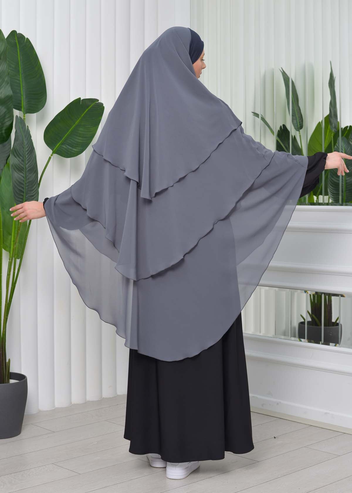 Chiffon Hijab Ready Made Veiled Practical Scarf 3 Layer - Cover Souffle 827 - Dunkelgrau