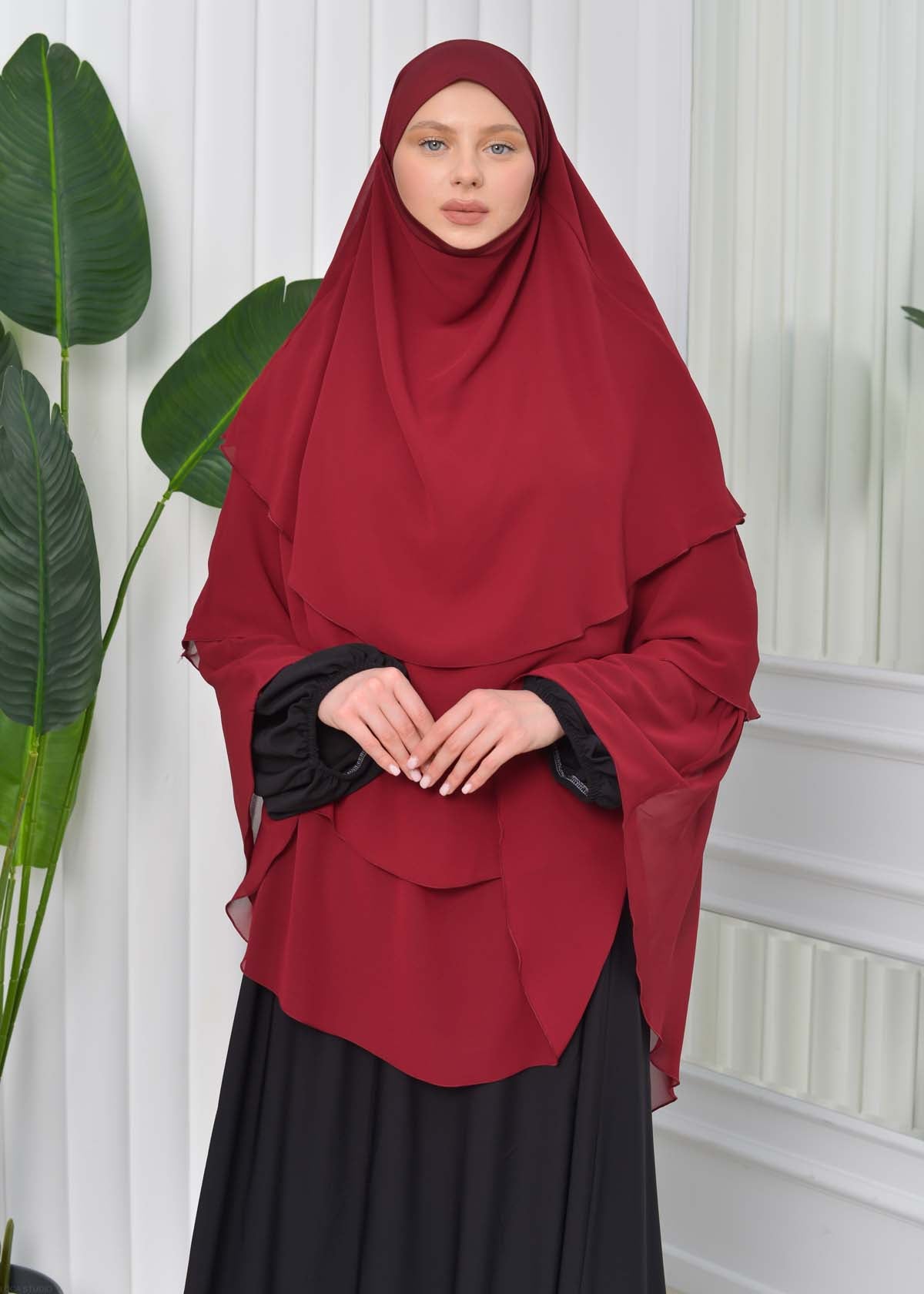 Chiffon Hijab Ready Made Veiled Practical Scarf 3 Layer - Cover Souffle 827 - Bordeaux