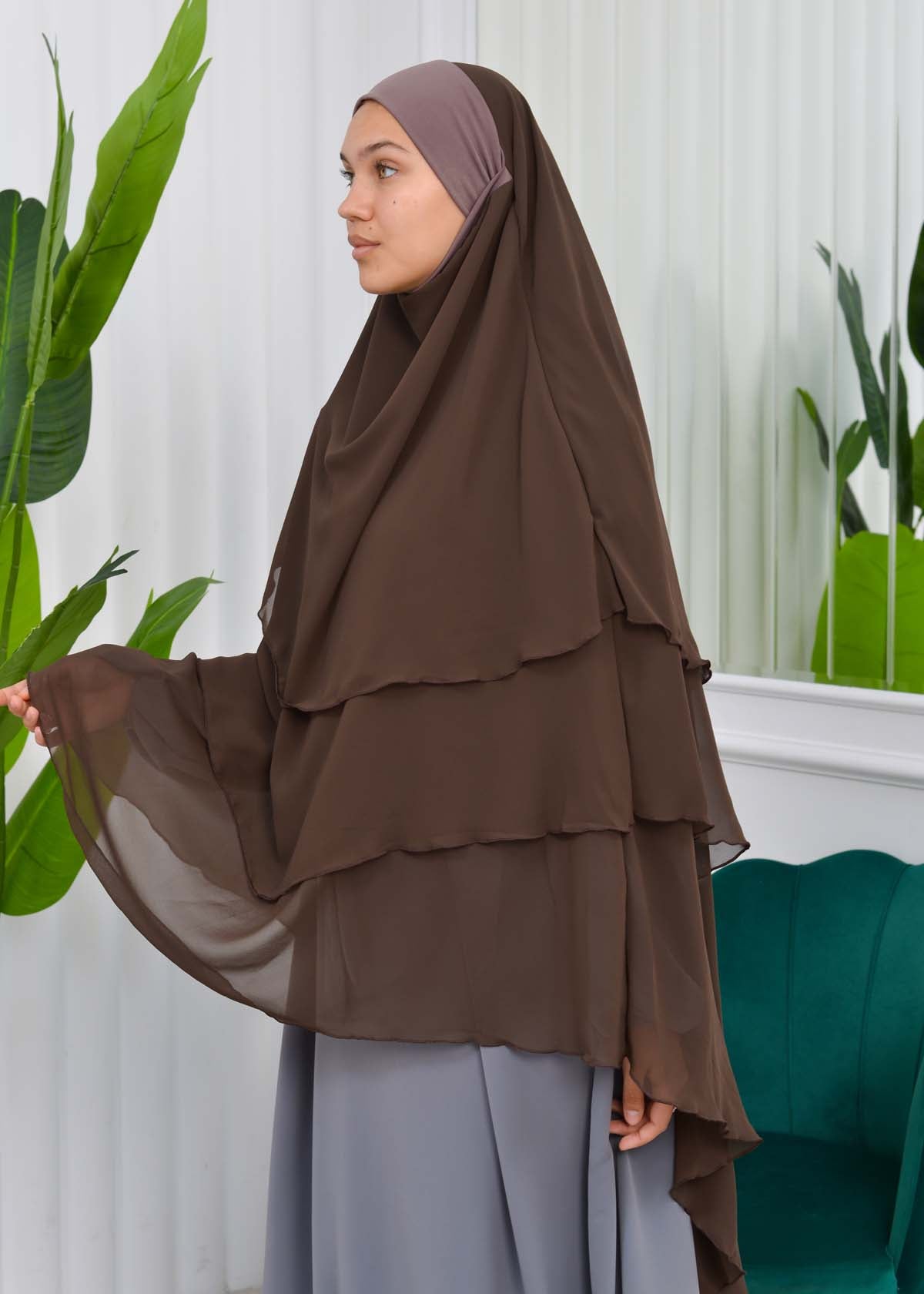 Chiffon Hijab Ready Made Veiled Practical Scarf 3 Layer - Cover Souffle 827 - Dunkelbraun