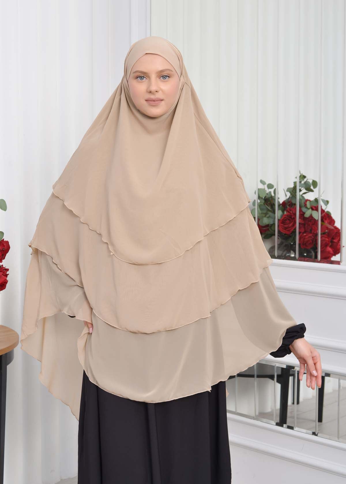 Chiffon Hijab Ready Made Veiled Practical Scarf 3 Layer - Cover Souffle 827 - Beige