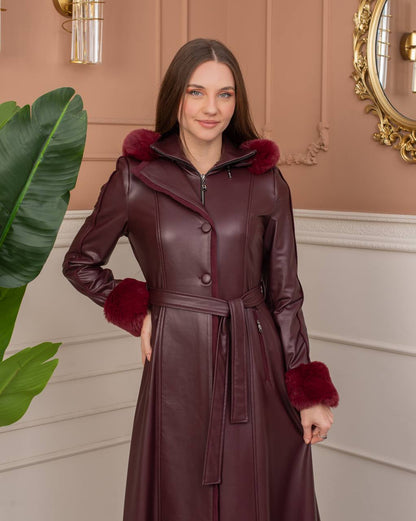 Langer Leder-Mantel mit Pelzkragen und verdecktem Reißverschluss 1383 - Bordeaux