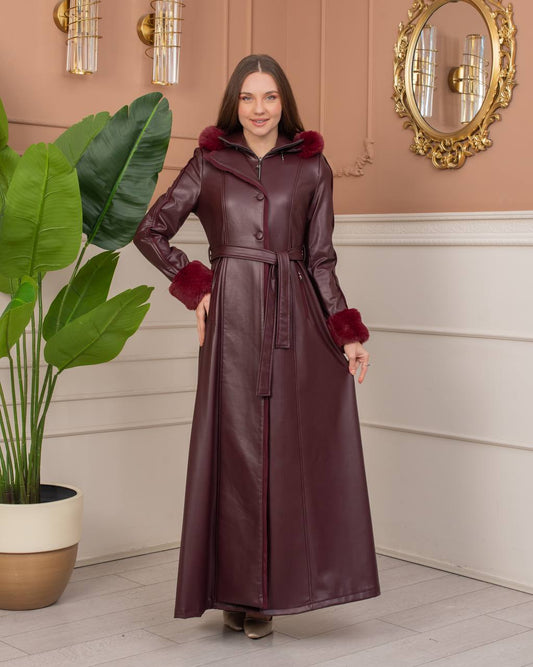 Langer Leder-Mantel mit Pelzkragen und verdecktem Reißverschluss 1383 - Bordeaux