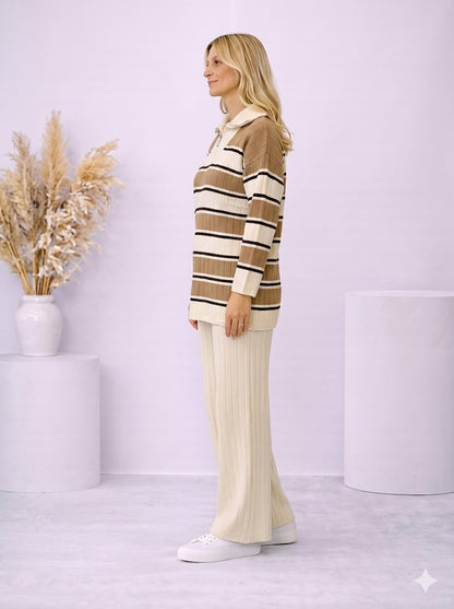 Gestreiftes Damen-Strickset mit Kragenreißverschluss 4204 - Ecru
