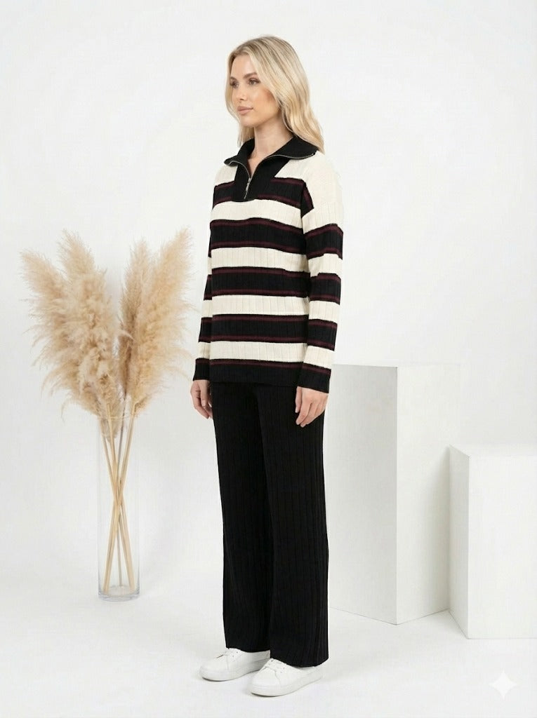 Gestreiftes Damen-Strickset mit Kragenreißverschluss 4204 - Dunkelanthrazit