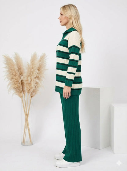 Gestreiftes Damen-Strickset mit Kragenreißverschluss 4204 - Khaki