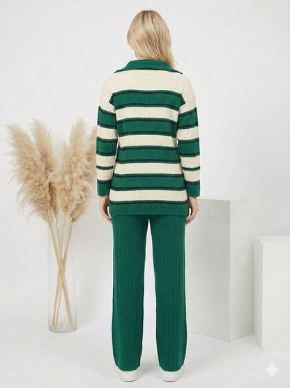 Gestreiftes Damen-Strickset mit Kragenreißverschluss 4204 - Khaki