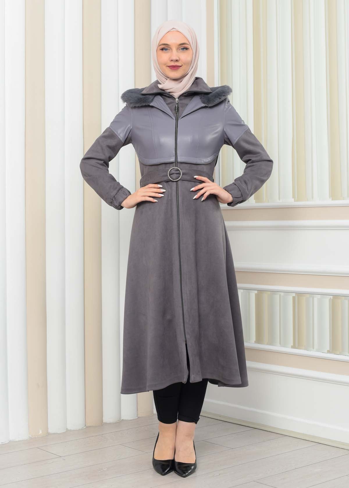 Damen Winter-Trenchcoat aus Wildleder und Leder 1351 - Grau