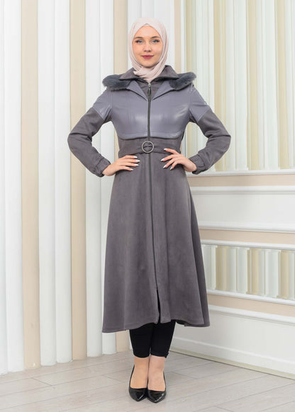 Damen Winter-Trenchcoat aus Wildleder und Leder 1351 - Grau
