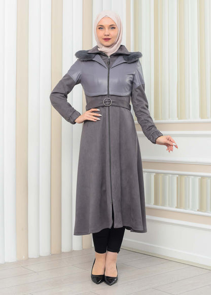 Damen Winter-Trenchcoat aus Wildleder und Leder 1351 - Grau