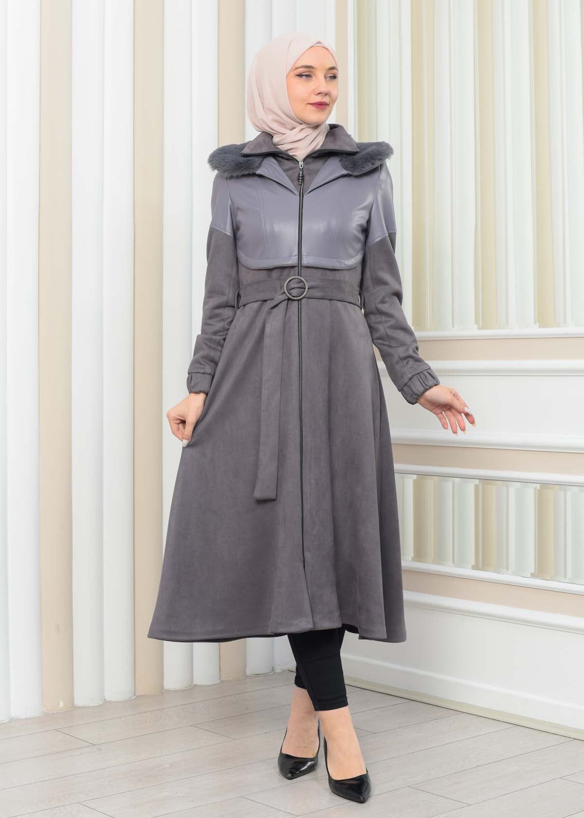Damen Winter-Trenchcoat aus Wildleder und Leder 1351 - Grau