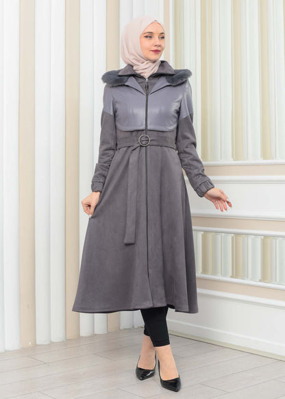 Damen Winter-Trenchcoat aus Wildleder und Leder 1351 - Grau
