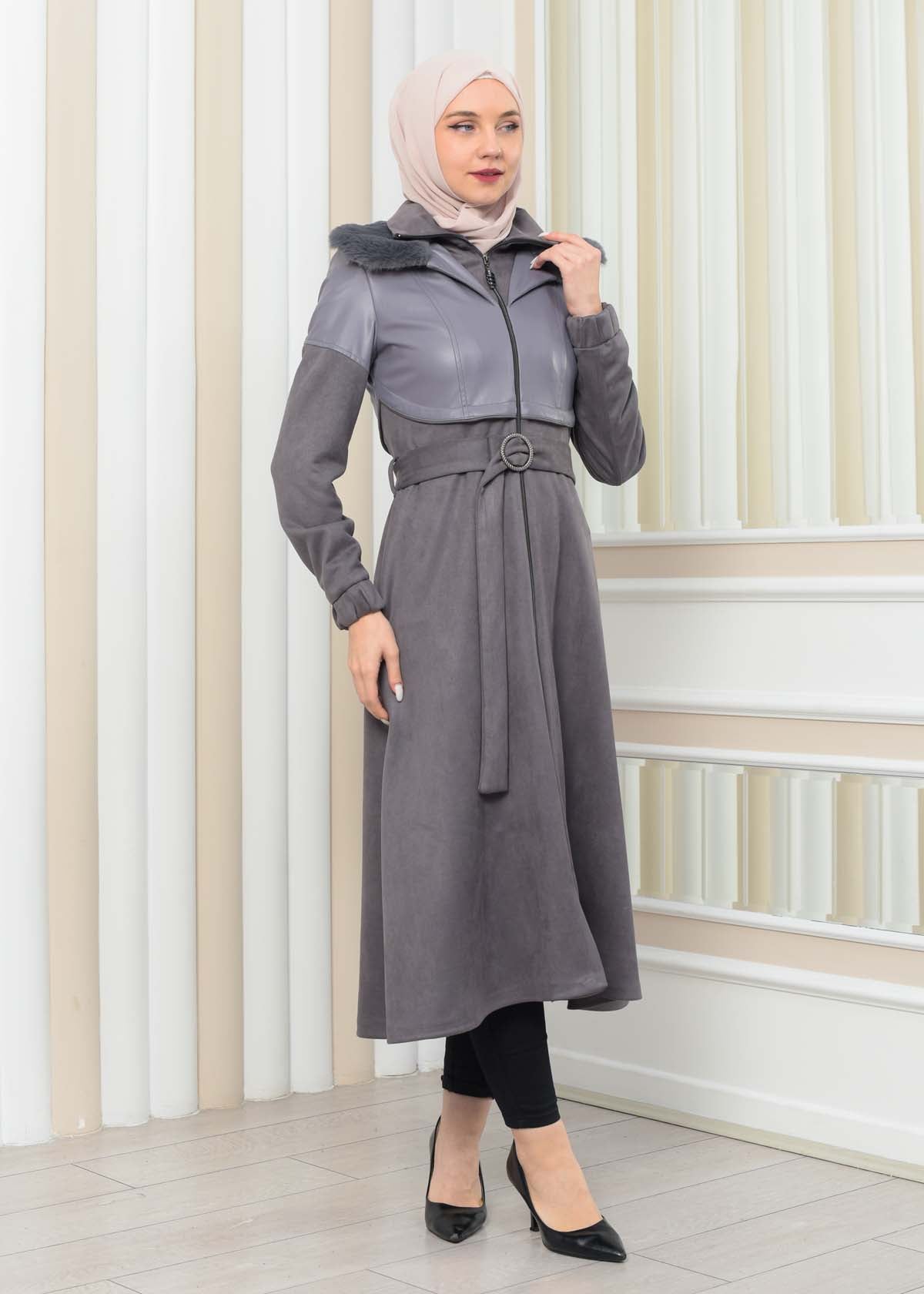 Damen Winter-Trenchcoat aus Wildleder und Leder 1351 - Grau