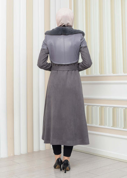 Damen Winter-Trenchcoat aus Wildleder und Leder 1351 - Grau