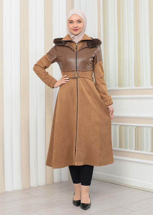 Damen Winter-Trenchcoat aus Wildleder und Leder 1351 - Cognac
