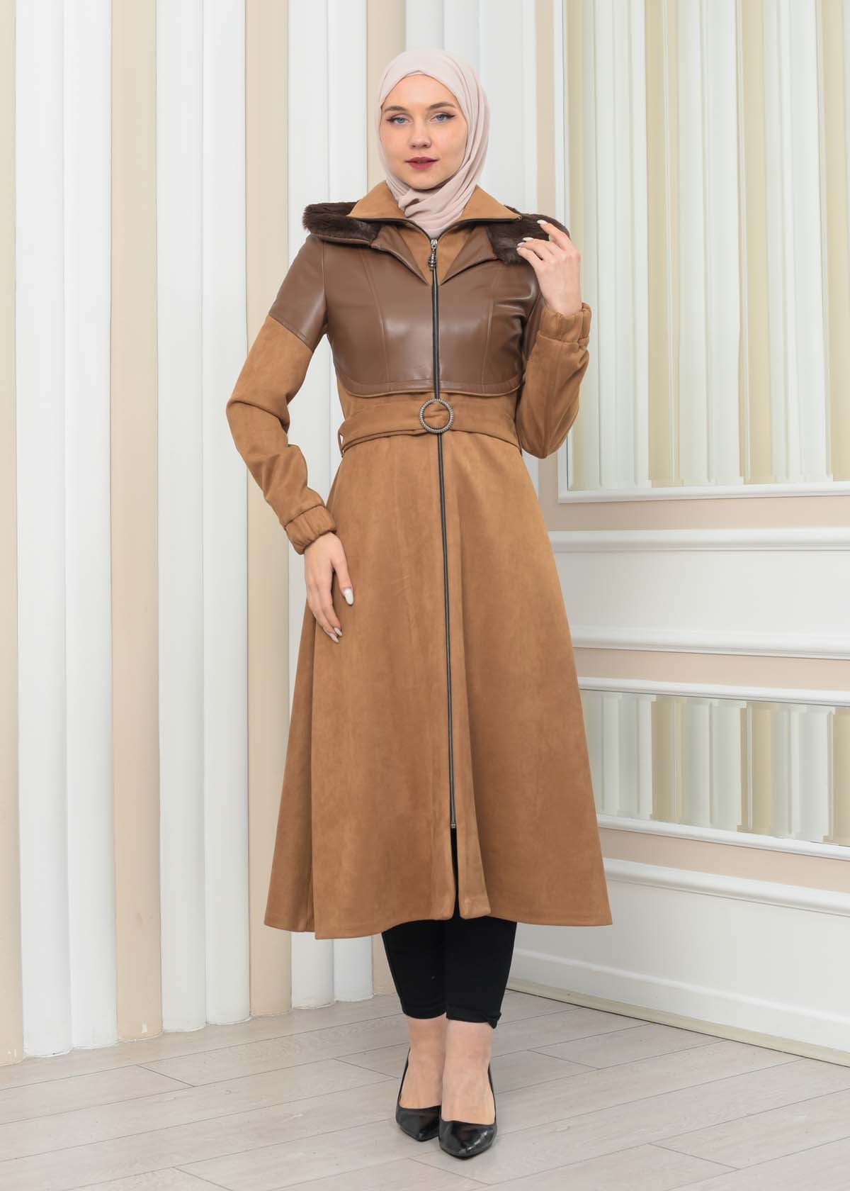 Damen Winter-Trenchcoat aus Wildleder und Leder 1351 - Cognac
