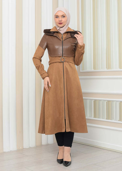 Damen Winter-Trenchcoat aus Wildleder und Leder 1351 - Cognac