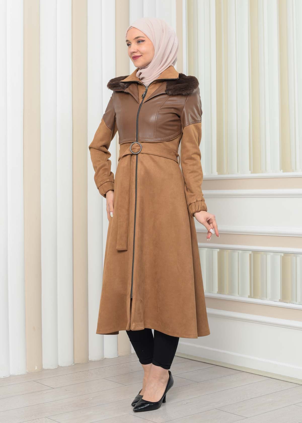 Damen Winter-Trenchcoat aus Wildleder und Leder 1351 - Cognac