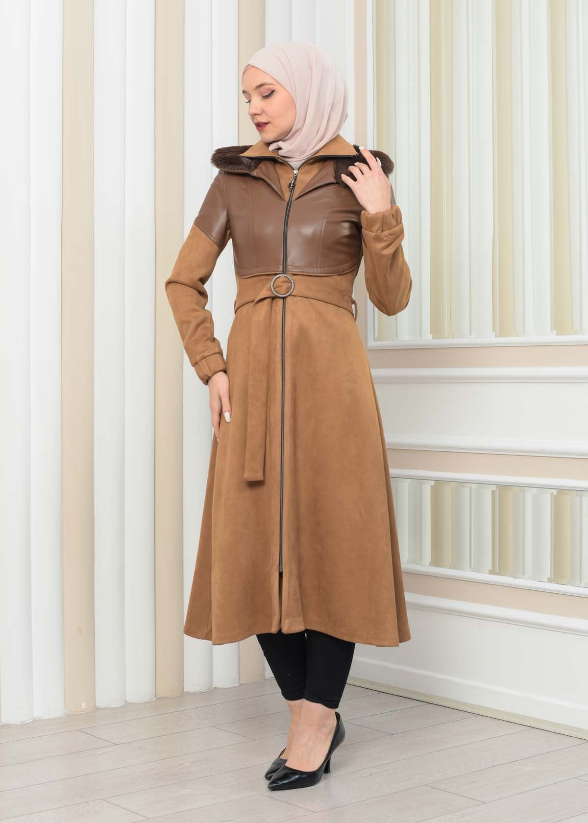 Damen Winter-Trenchcoat aus Wildleder und Leder 1351 - Cognac
