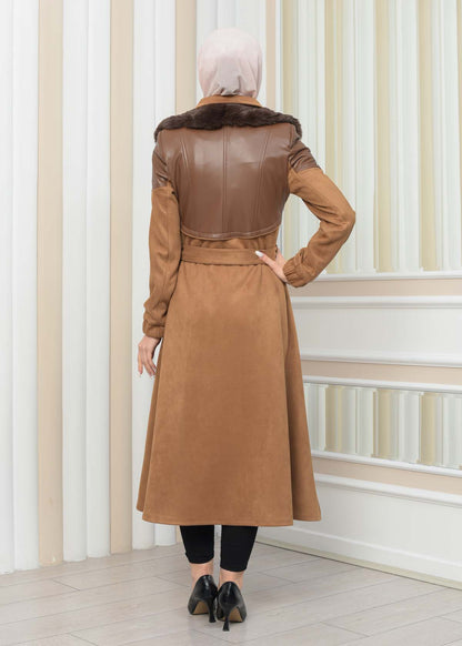 Damen Winter-Trenchcoat aus Wildleder und Leder 1351 - Cognac