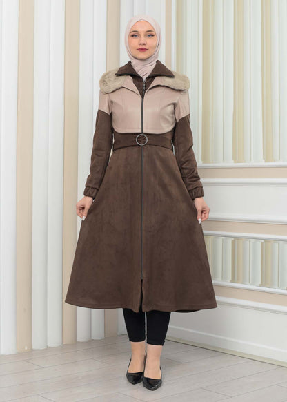 Damen Winter-Trenchcoat aus Wildleder und Leder 1351 - Beige