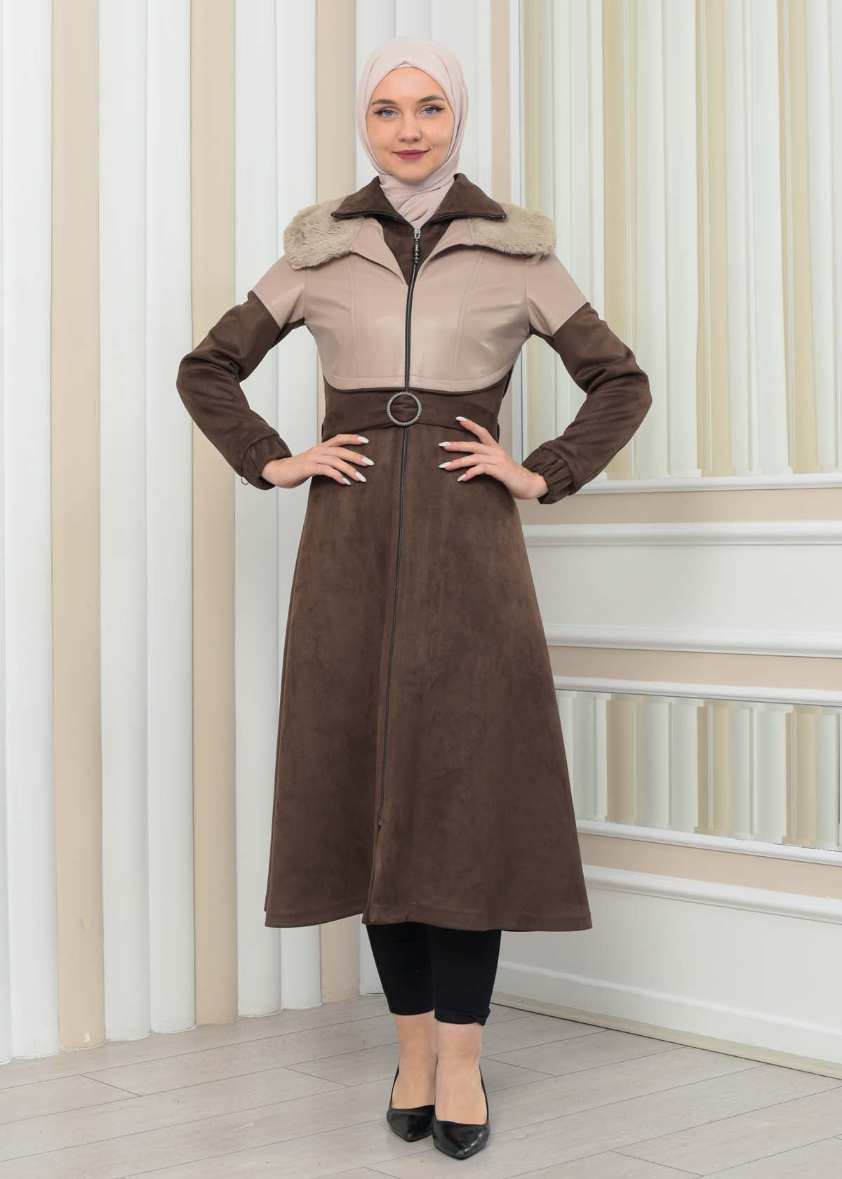 Damen Winter-Trenchcoat aus Wildleder und Leder 1351 - Beige