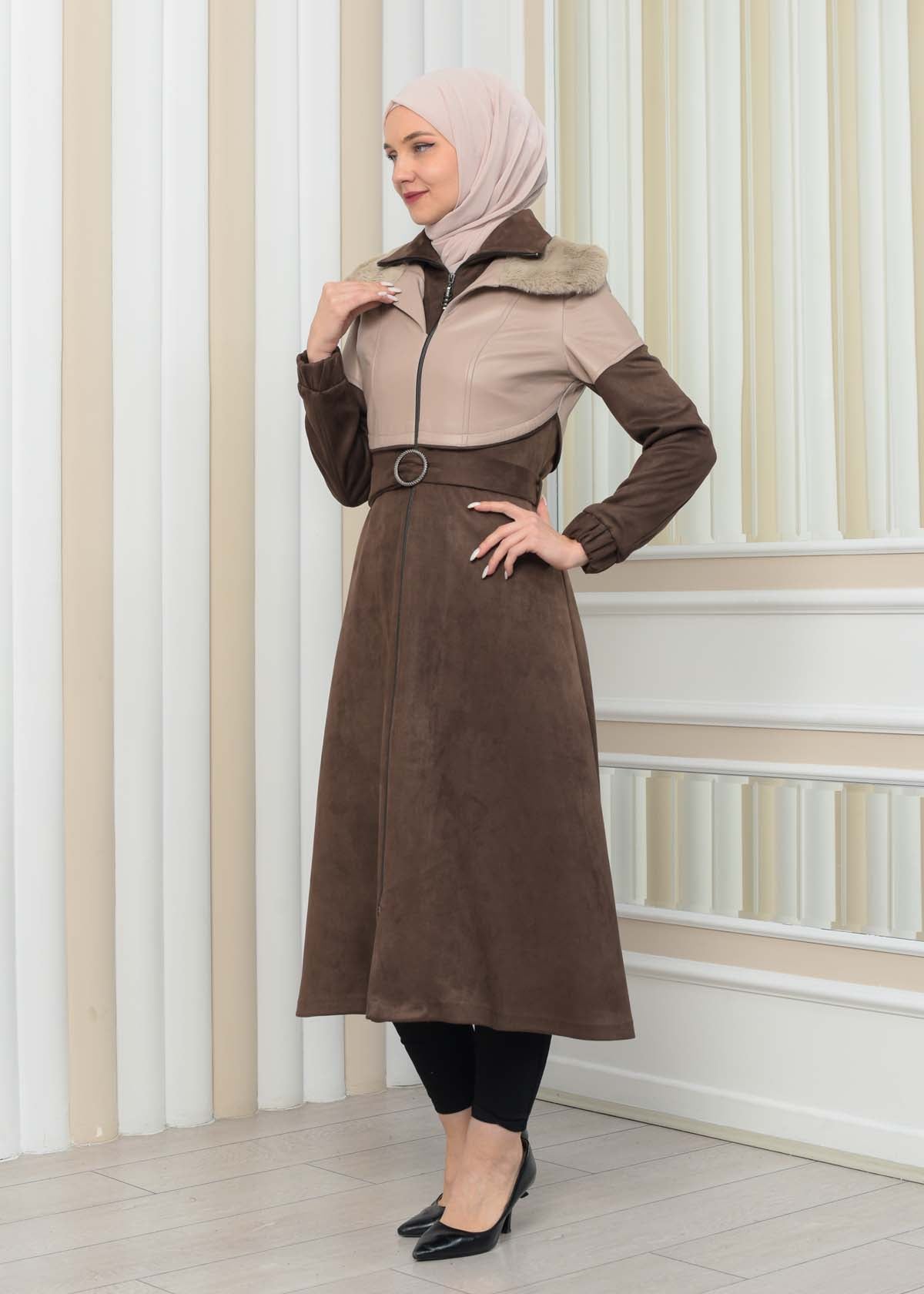 Damen Winter-Trenchcoat aus Wildleder und Leder 1351 - Beige
