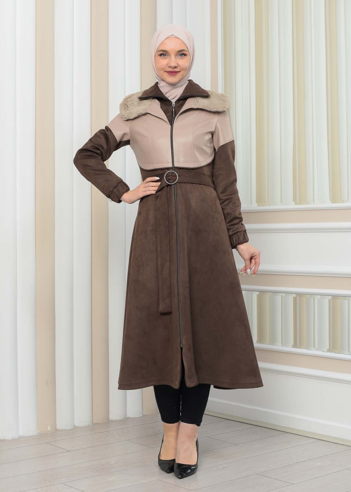 Damen Winter-Trenchcoat aus Wildleder und Leder 1351 - Beige