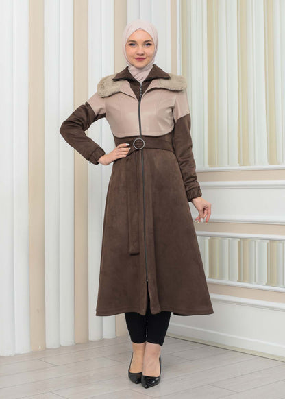 Damen Winter-Trenchcoat aus Wildleder und Leder 1351 - Beige