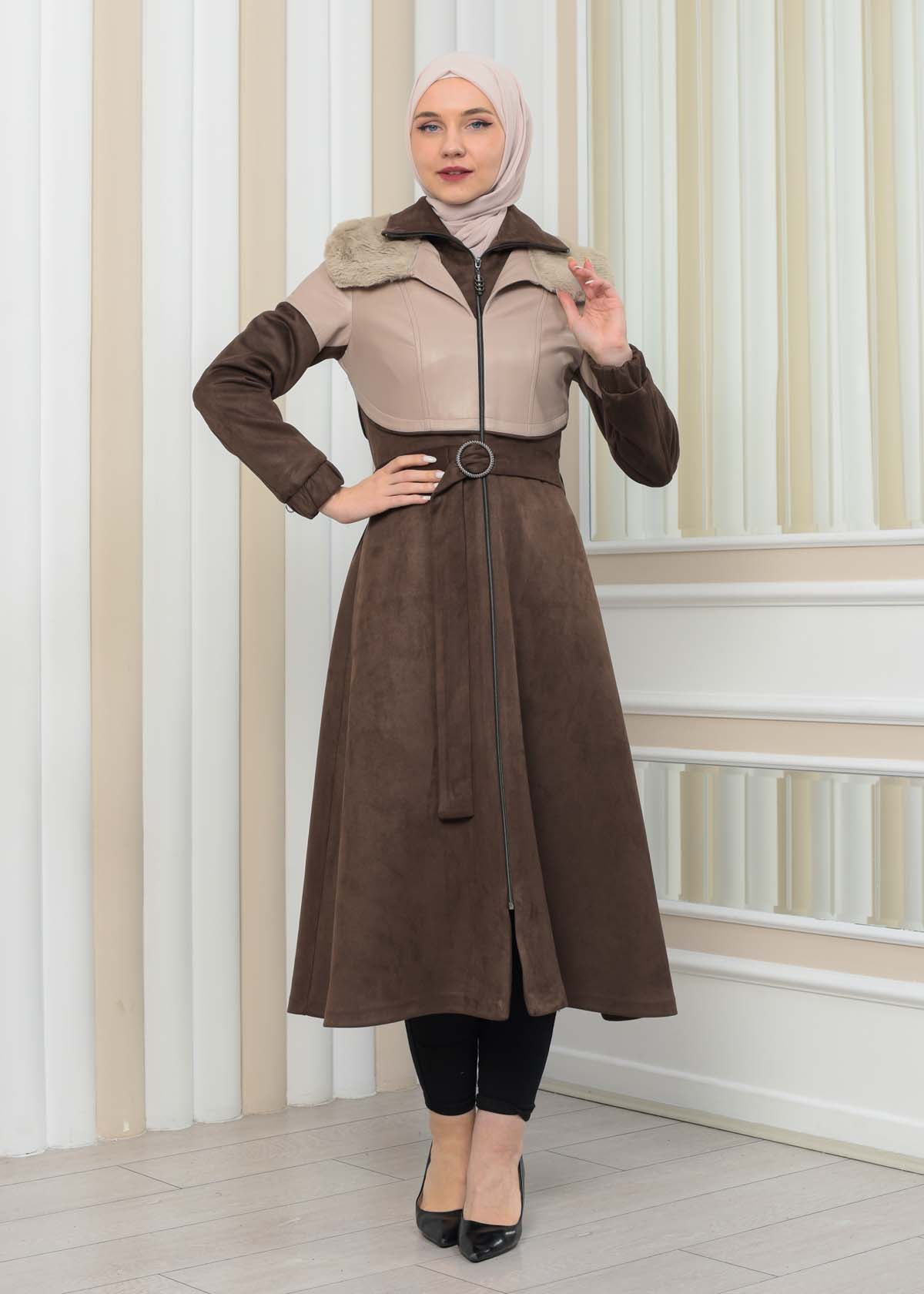 Damen Winter-Trenchcoat aus Wildleder und Leder 1351 - Beige