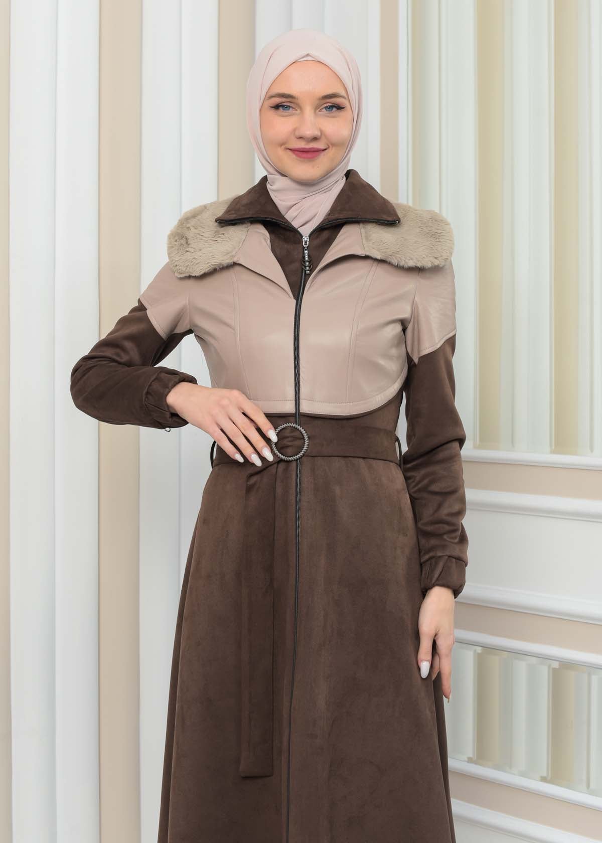 Damen Winter-Trenchcoat aus Wildleder und Leder 1351 - Beige