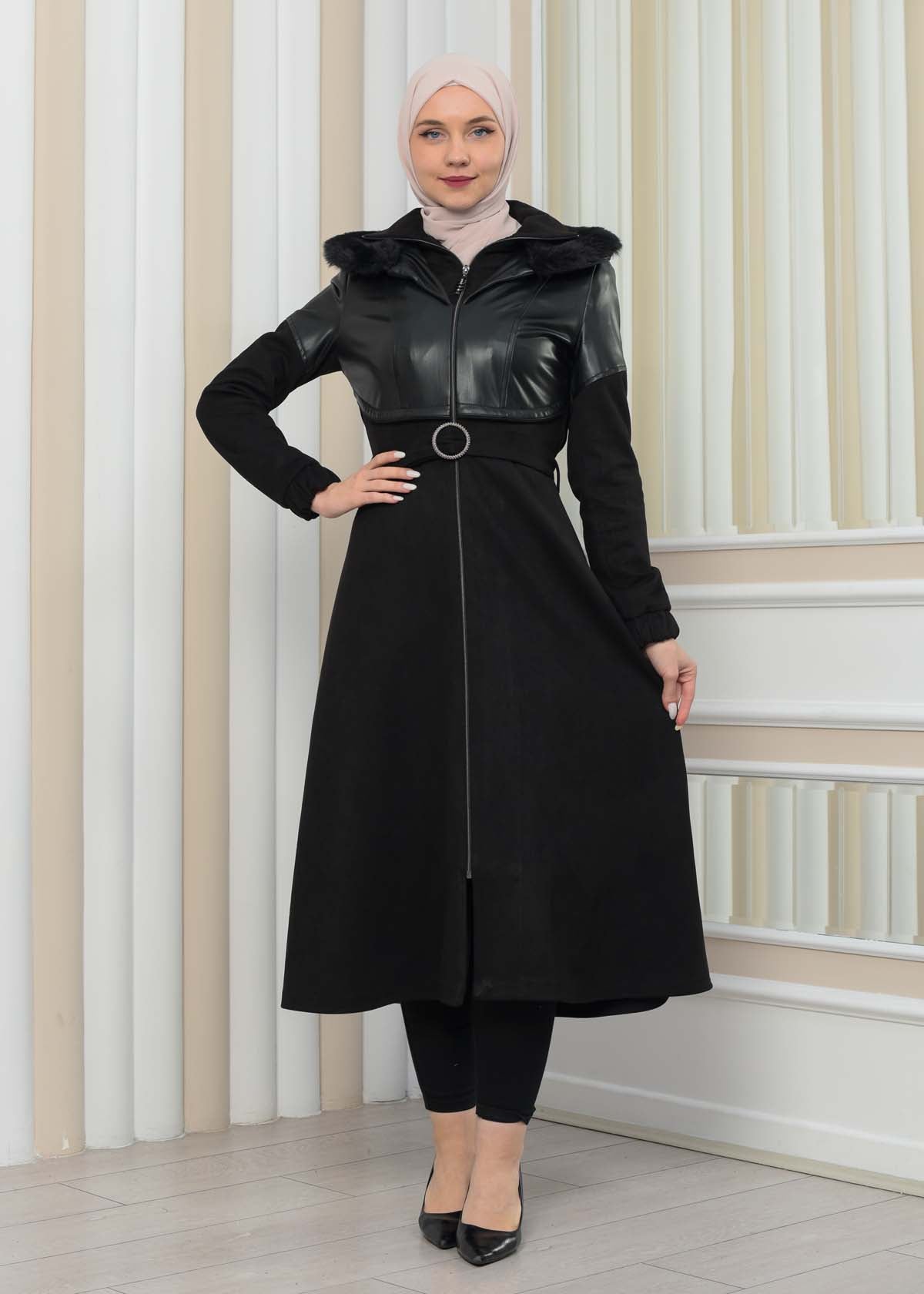 Damen Winter-Trenchcoat aus Wildleder und Leder 1351 - Schwarz