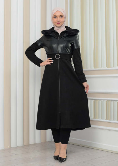 Damen Winter-Trenchcoat aus Wildleder und Leder 1351 - Schwarz