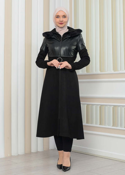 Damen Winter-Trenchcoat aus Wildleder und Leder 1351 - Schwarz
