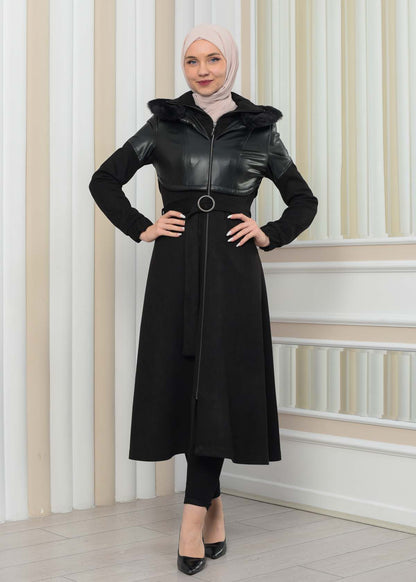 Damen Winter-Trenchcoat aus Wildleder und Leder 1351 - Schwarz