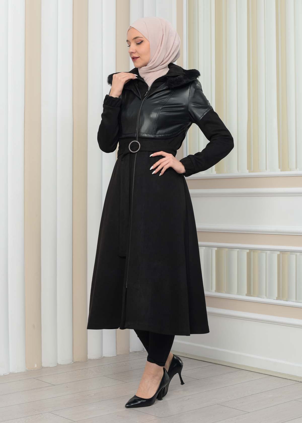 Damen Winter-Trenchcoat aus Wildleder und Leder 1351 - Schwarz