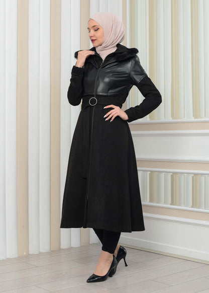 Damen Winter-Trenchcoat aus Wildleder und Leder 1351 - Schwarz