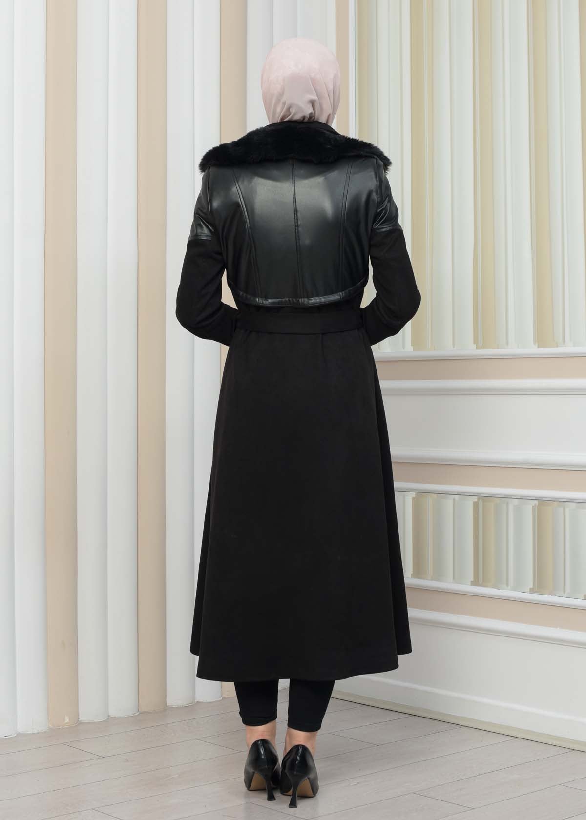 Damen Winter-Trenchcoat aus Wildleder und Leder 1351 - Schwarz