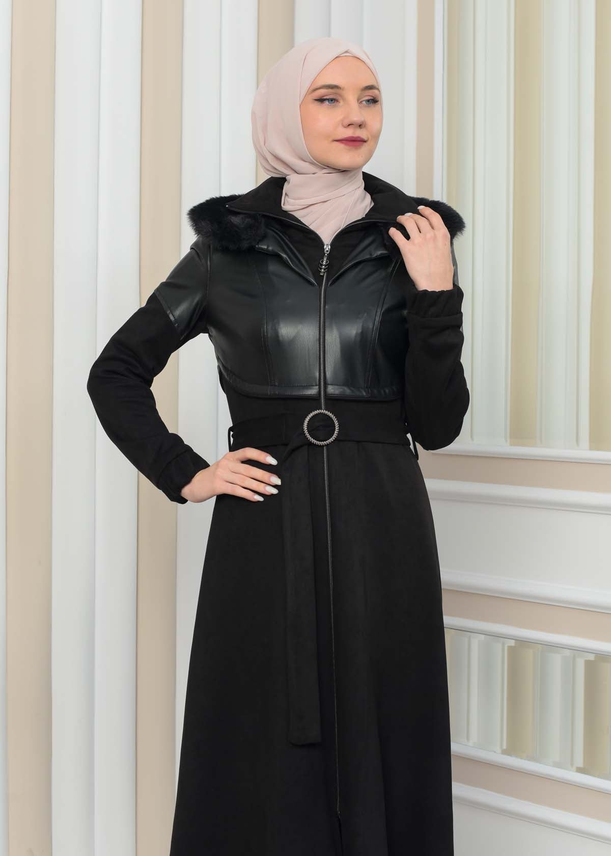 Damen Winter-Trenchcoat aus Wildleder und Leder 1351 - Schwarz