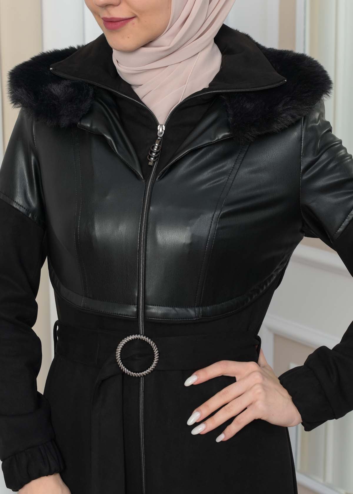 Damen Winter-Trenchcoat aus Wildleder und Leder 1351 - Schwarz