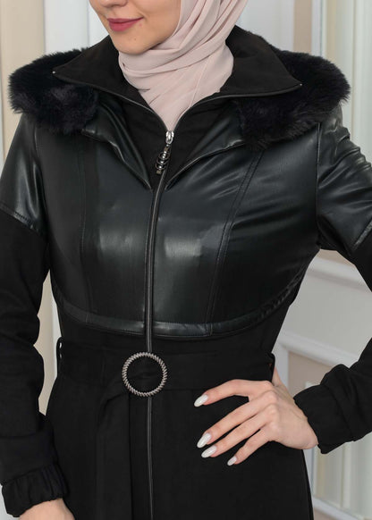 Damen Winter-Trenchcoat aus Wildleder und Leder 1351 - Schwarz