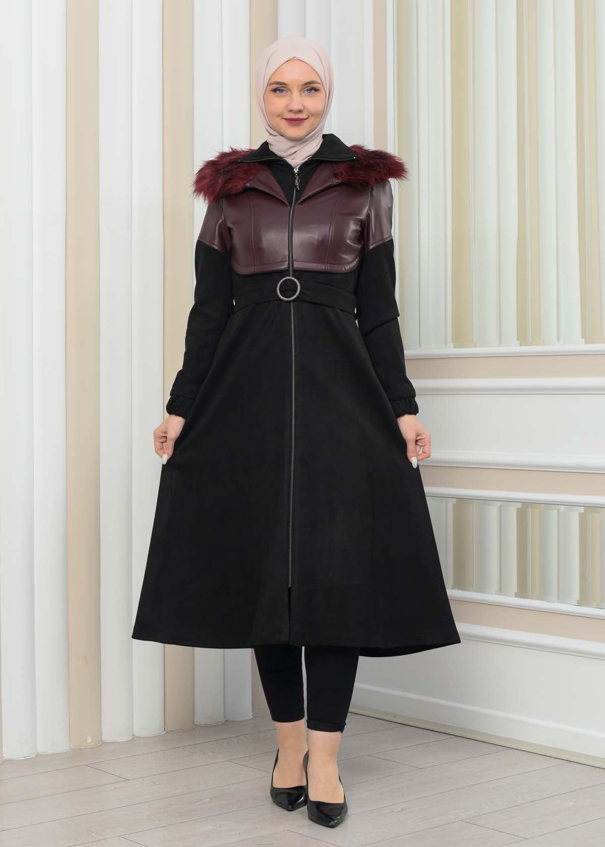 Damen Winter-Trenchcoat aus Wildleder und Leder 1351 - Bordeaux